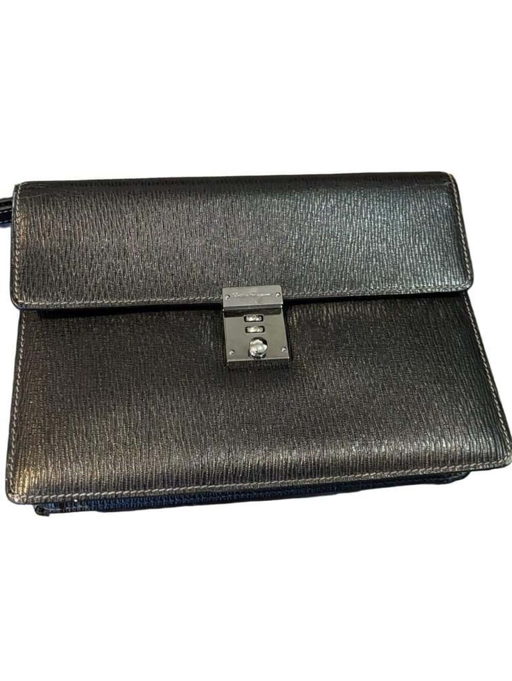 Salvatore Ferragamo Black Leather Lock Clutch Bag